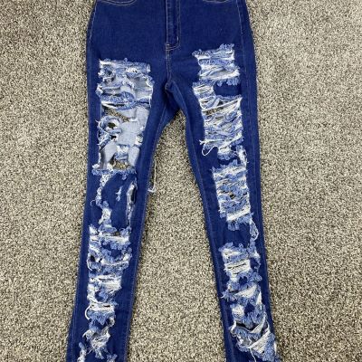 Fashion Nova Jeggings Junior Size 11 Blue Denim Distressed Ripped Stretch Trendy